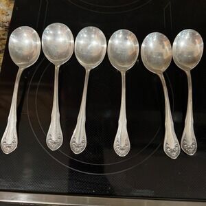 6 Oneida Community Reliance Plate Silver Plate Round Bowl Soup Spoons Floral